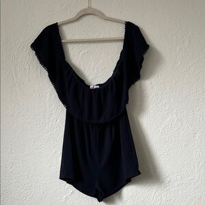 Navy Off the Shoulder Flutter Ruffle Romper